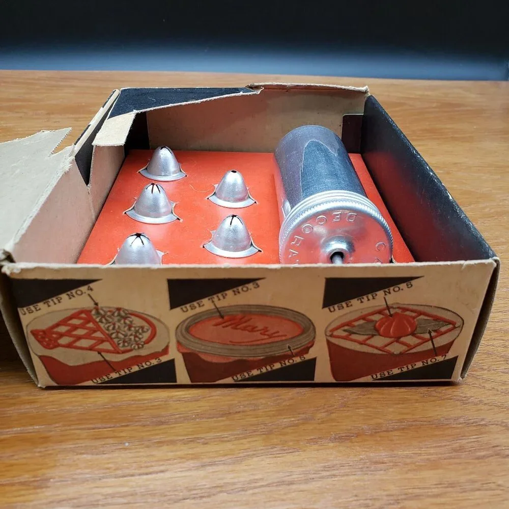 Vintage Aluminum Cake Decorator Set w Tips Original Box Recipes Made USA
